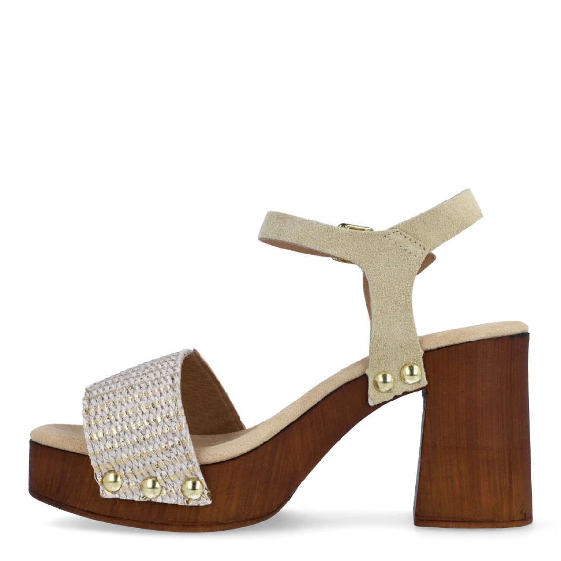 Sandalias de la marca Itse, modelo MARCIA. Exterior en rafia trenzada color beig con efecto brillante. Interior en ante color beig. Cierre de sandalias Itse con hebilla en tobillo. Sandalias con tacón de 8cm de alturas. Estas sandalias Itse MARCIA son un complemento ideal para estilizar looks y andar con una comodidad absoluta en tu día a día!
