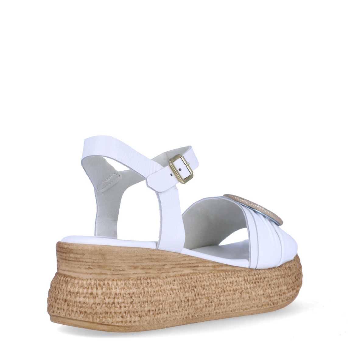 Sandalias de la marca Itse, modelo MIA. Exterior en piel color blanco con detalle de aro dorado en pala. Interior en piel color blanco. Cierre de sandalias Itse con hebilla en tobillo. Suela con cuña de 5cm de altura. Estas sandalias Itse MIA son ideales en comodidas, y combinar con todos tus looks de temporada!