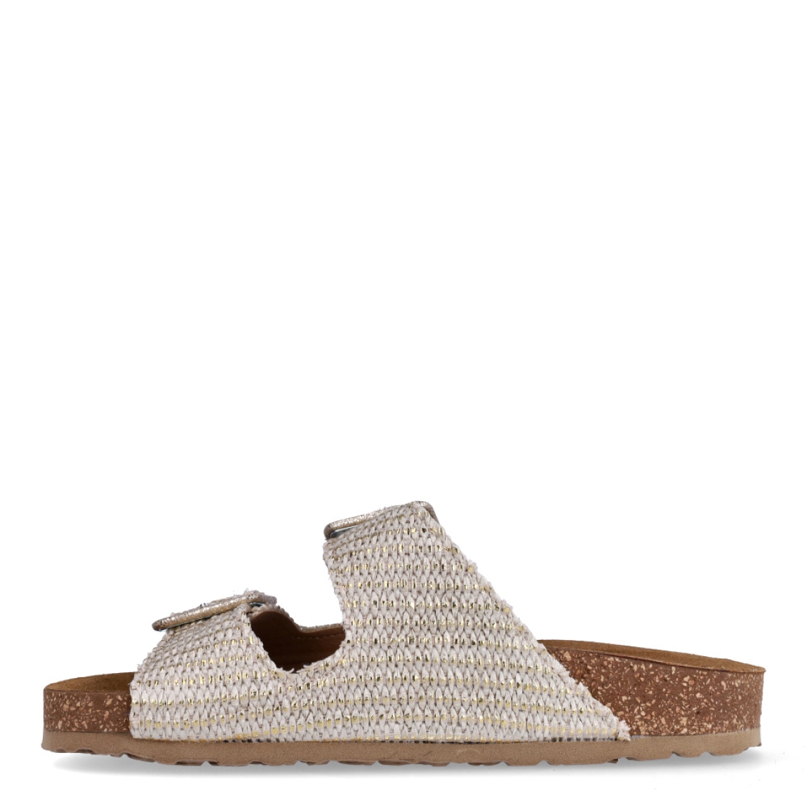 Sandalias de la marca Itse, modelo JULIA. Exterior en piel trenzada color beig con efecto brillante y doble hebilla en pala. Interior en piel color camel. Suela corcho de forma plana. Estas chanclas Itse JULIA son ideales para esta temporada!
