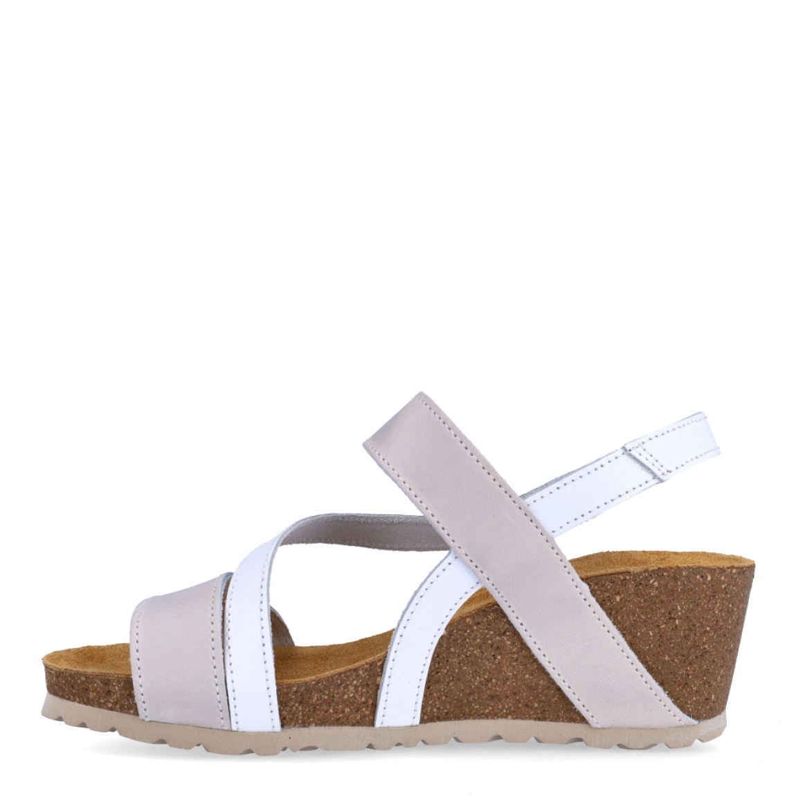 Sandalias de la marca Inter Bios, modelo SARA. Sandalias de tiras elaboradas en piel color gris con detalles en blanco. Cierre de las sandalias con velcro y suela de goma con cuña de 6cm de altura. Estas sandalias Inter Bios SARA son ideales para elevar tus looks con la comodidad que necesitas en tu día a día.