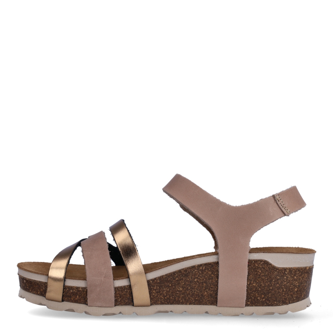 Sandalias de la marca Inter Bios, modelo MIA. Sandalias con tiras elaboradas en piel color bronce y marrón. Cierre de las sandalias con velcro y suela de goma con cuña de 4cm de altura. Estas sandalias Inter Bios MIA son ideales para elevar tus looks con la comodidad máxima que necesitas en tu día a día.