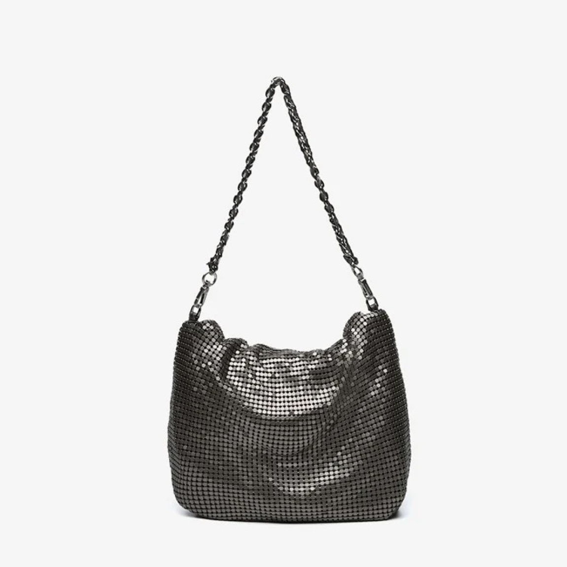 Bolso de hombro de fiesta de la marca Abbacino, modelo KURT. Bolso en estilo hobo de mujer elaborado en malla metálica color acero. Con forro interior. Cierre superior con cremallera y asa de hombro de cadena. Bolso Abbacino KURT con un diseño que se viste en los colores de temporada con el que brillarás allá donde vayas, perfecto para la noche y el día, es la opción ideal para crear looks únicos.