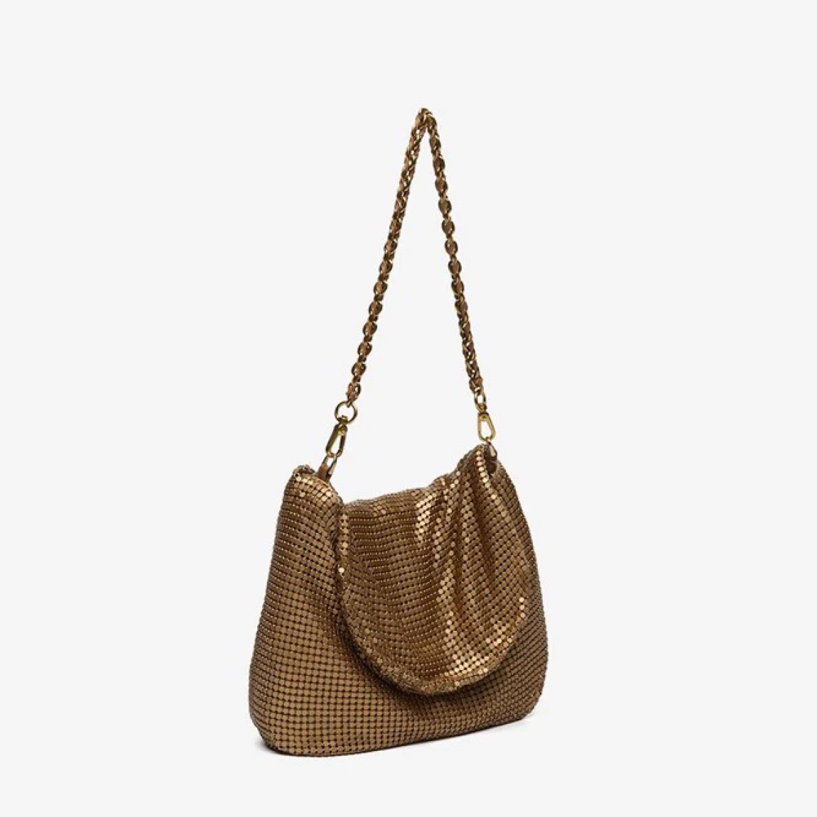 Bolso de hombro de fiesta de la marca Abbacino, modelo KURT. Bolso en estilo hobo de mujer elaborado en malla metálica color oro. Con forro interior. Cierre superior con cremallera y asa de hombro de cadena. Bolso Abbacino KURT con un diseño que se viste en los colores de temporada con el que brillarás allá donde vayas, perfecto para la noche y el día, es la opción ideal para crear looks únicos.