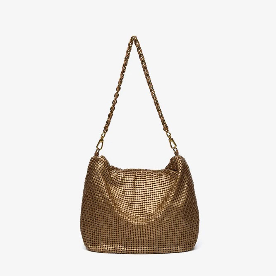 Bolso de hombro de fiesta de la marca Abbacino, modelo KURT. Bolso en estilo hobo de mujer elaborado en malla metálica color oro. Con forro interior. Cierre superior con cremallera y asa de hombro de cadena. Bolso Abbacino KURT con un diseño que se viste en los colores de temporada con el que brillarás allá donde vayas, perfecto para la noche y el día, es la opción ideal para crear looks únicos.