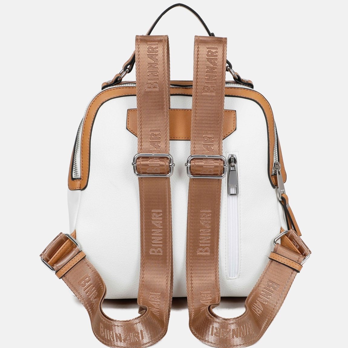 Mochila de la marca Binnari, modelo EBRO. Elaborado en piel color blanco con detalle en camel. Es una mochila cómoda y versátil pues podrás llevarla tambien como bolso de mano. Tiene diversos bolsillos en su interior y exterior con cremalleras. Los detalles metálicos son de color nickel. Medidas: alto y ancho 26cm. Esta mochila Binnari EBRO es ideal para llevarla a todos lados!