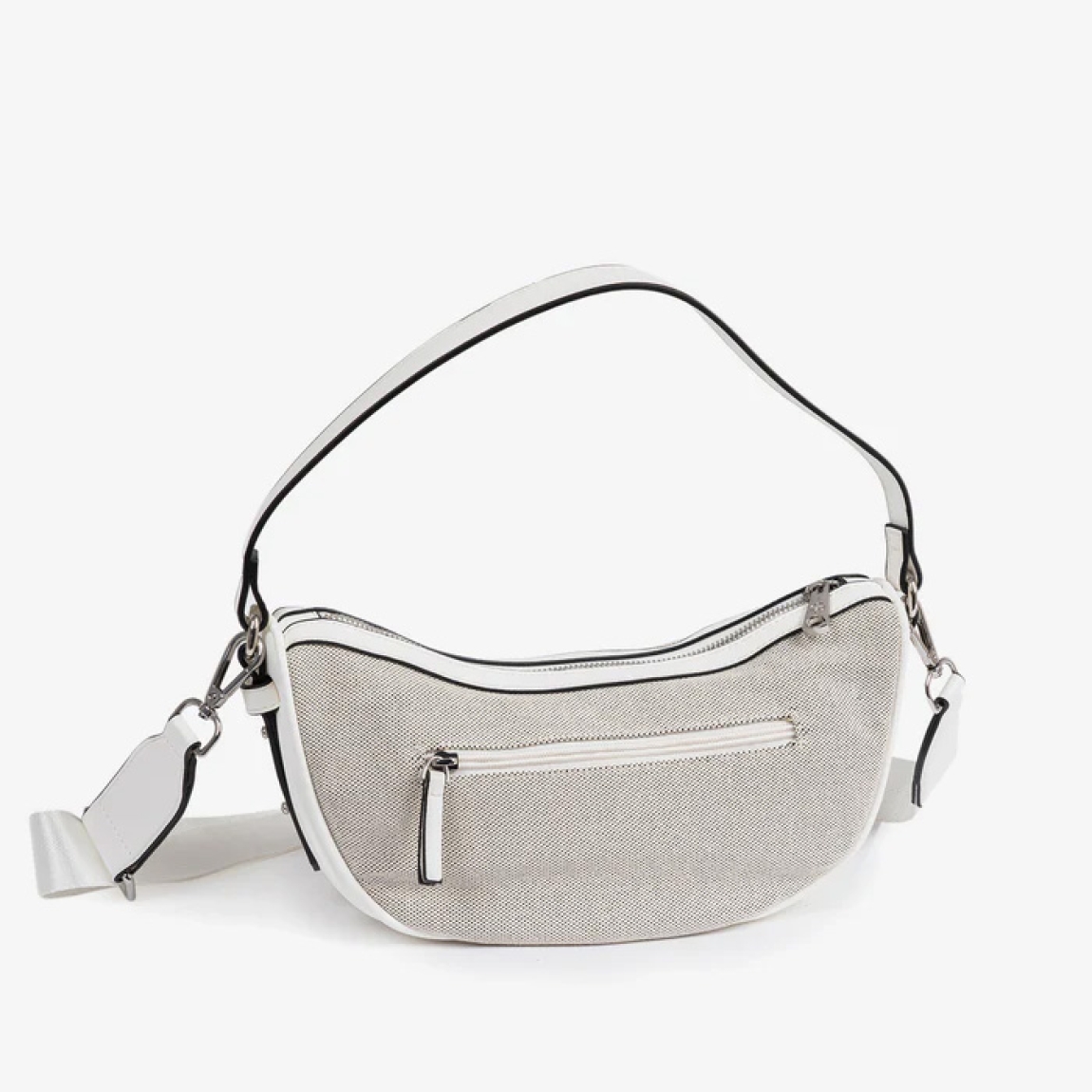 Bolso de mujer de la marca Matias Salva, modelo DALIAS. Elaborado en textil color blanco. Acabado en lona de alta calidad. Interior de forro textil con un bolsillo cerrado con cremallera. En la parte trasera tiene un bolsillo cerrado con cremallera. Tiene asa de hombro. El asa auxiliar tipo bandolera cuenta con mosquetones para su fácil colocación. DIMENSIONES: 26x15x10 cm. Bolso Matias Salva DALIAS ideal para esta temporada!