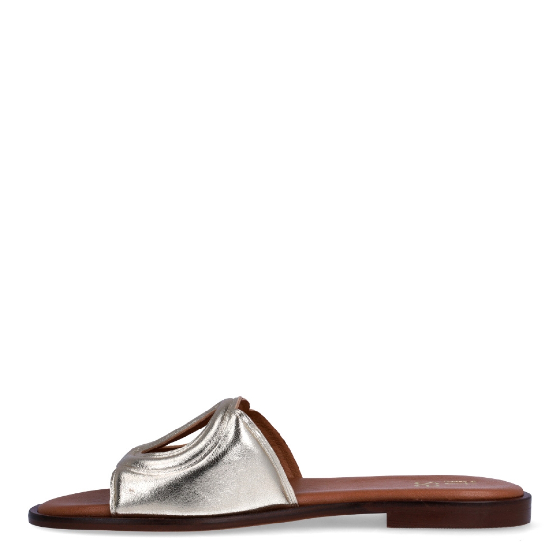 Chanclas de la marca Itse, modelo BRITNE. Exterior en piel color platino con detalle de círculos cruzados en la pala. Interior en piel color camel con logo de marca. Chanclas con suela de goma y plana. Estas chanclas Itse BRITNE son unas clásicas, ideales para combinarlas con diferentes looks esta temporada!