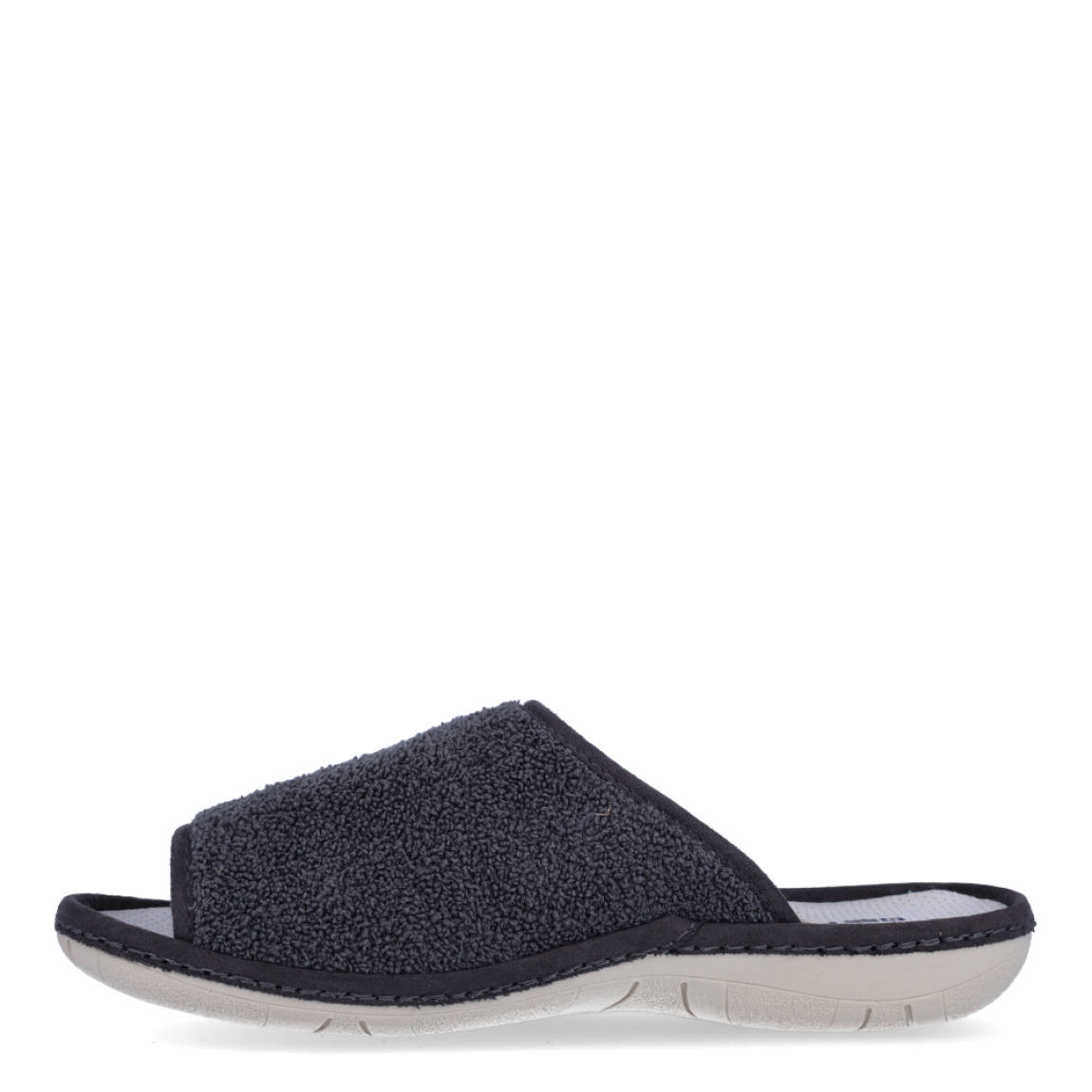 Zapatillas de la marca Nordikas, modelo BOREAL. Exterior de las zapatillas en toalla color gris. Interior de las zapatillas en piel troquelada color blanco. Suela de las zapatillas plana y de goma. Estas zapatillas Nordkias BOREAL te harán disfrutar del comfort de estar en casa, gracias a su tejido y fabricación que brindán comodidad y ligereza.