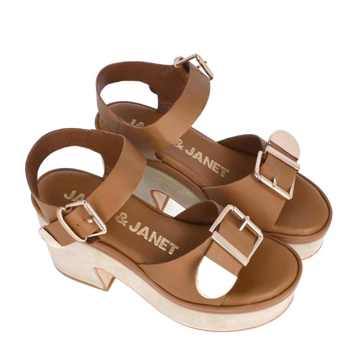 Sandalias de la marca Janet & Janet, modelo J-153. Exterior elaborado en piel color cuero con detalle de hebillas en pala y talón de color dorado. Interior en piel color cuero con estampado de logo de marca. Cierre con doble hebillas. Sandalias con tacón de 9cm de altura. Estas sandalias Janet & Janet J-153 son un complemento ideal para combinar con diferentes looks esta temporada desde la elagancia, comodidad y estilo!
