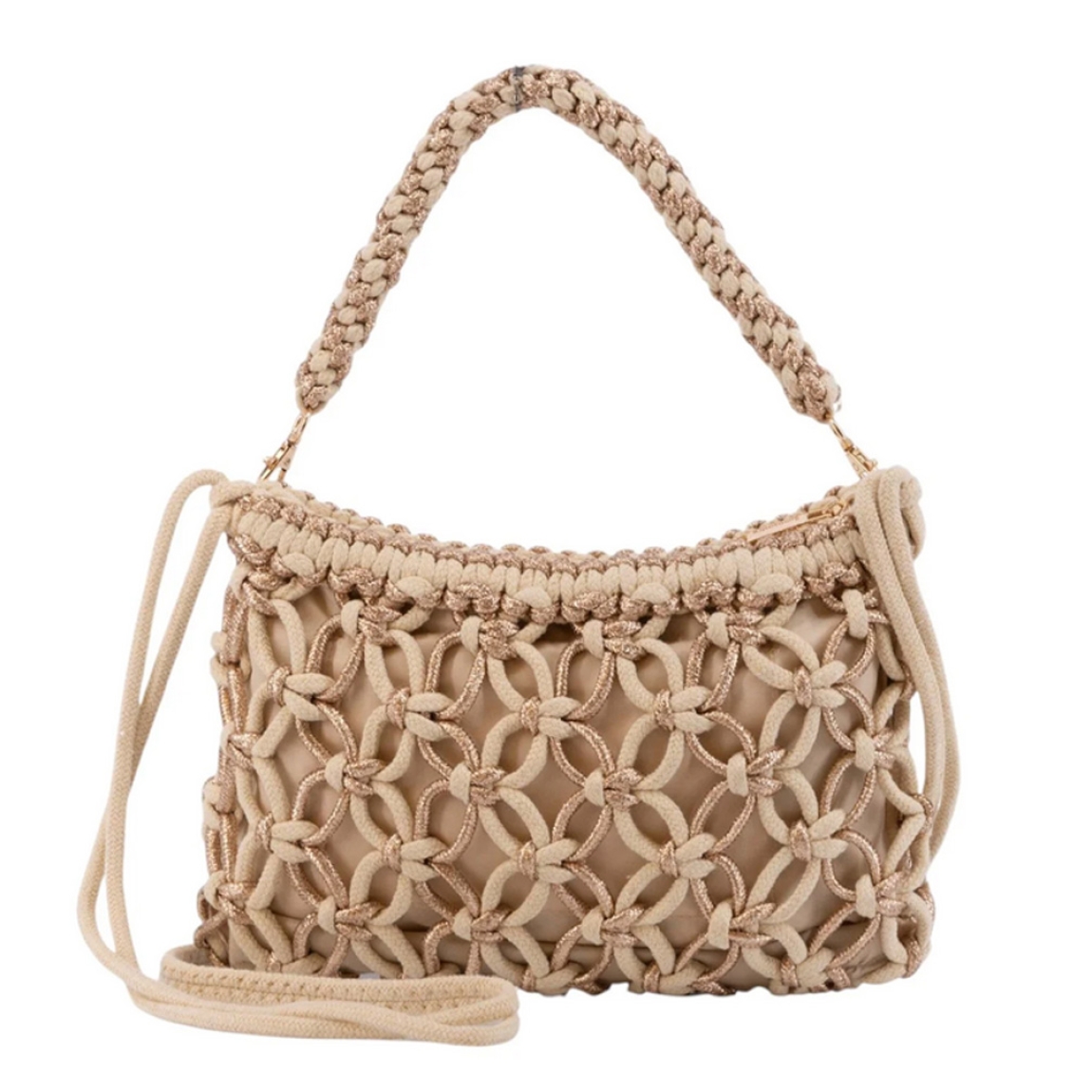 Bolso de la marca Simosastre, modelo ANETTE. Bolso fabricado en tejido de tela con forma de cuerdas color camel, con cierre cremallera y bolsillos interiores, asa estilo hobo en poli piel al tono con mosquetones y bandolera regulable de naylon al tono con mosquetones, logo metalizado. Medidas: alto 20cm y ancho 25cm. Este bolso Simosastre ANETTE es ideal para lucirlo esta temporada!