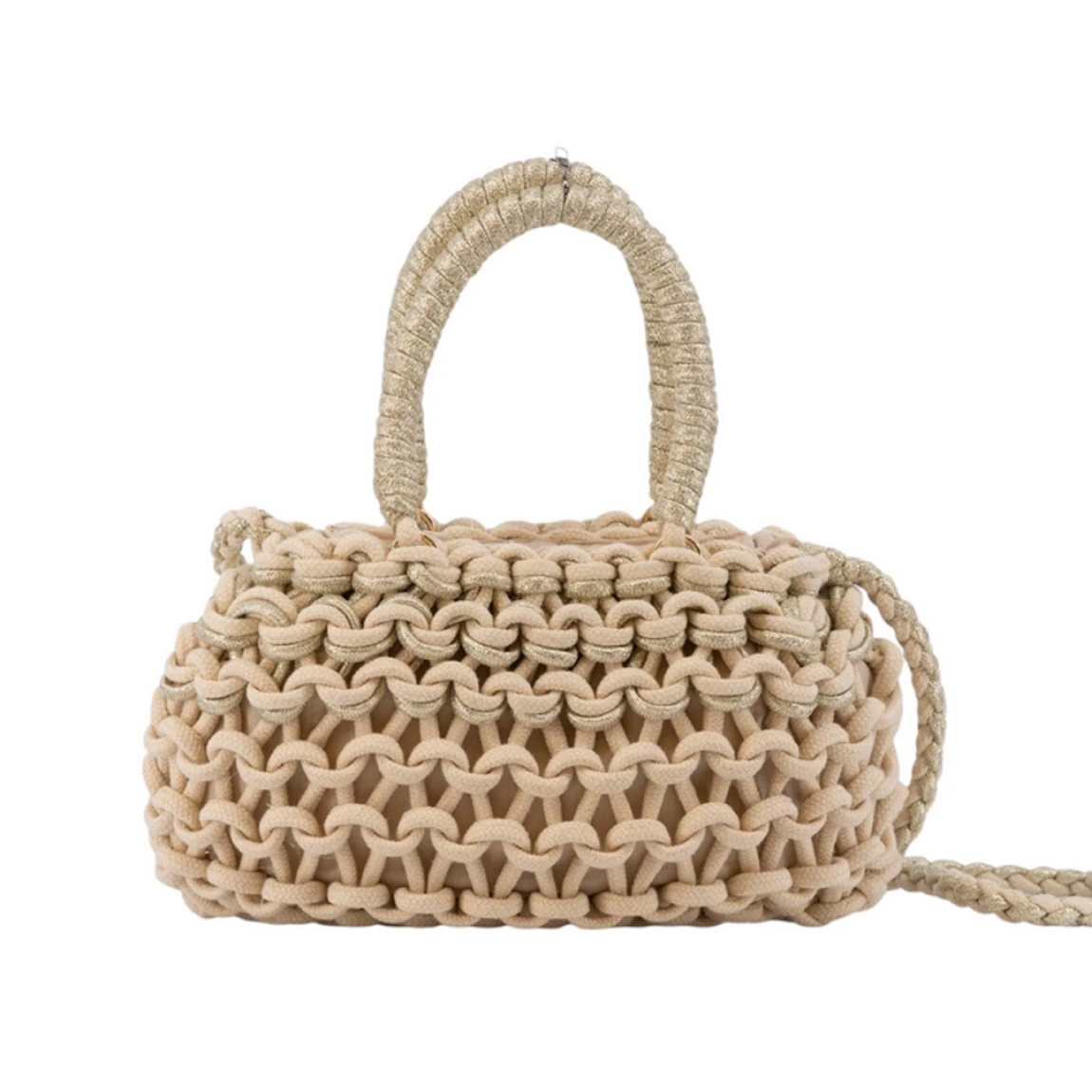 Bolso hobo de la marca Simosastre, modelo CECILE. Bolso fabricado en tejido de tela con forma de cuerdas color beig, con cierre cremallera y bolsillos interiores, asa estilo hobo en poli piel al tono con mosquetones y bandolera regulable de naylon al tono con mosquetones, logo metalizado. Medidas: alto 17cm y ancho 32cm. Este bolso Simosastre CECILE es ideal para lucirlo esta temporada!