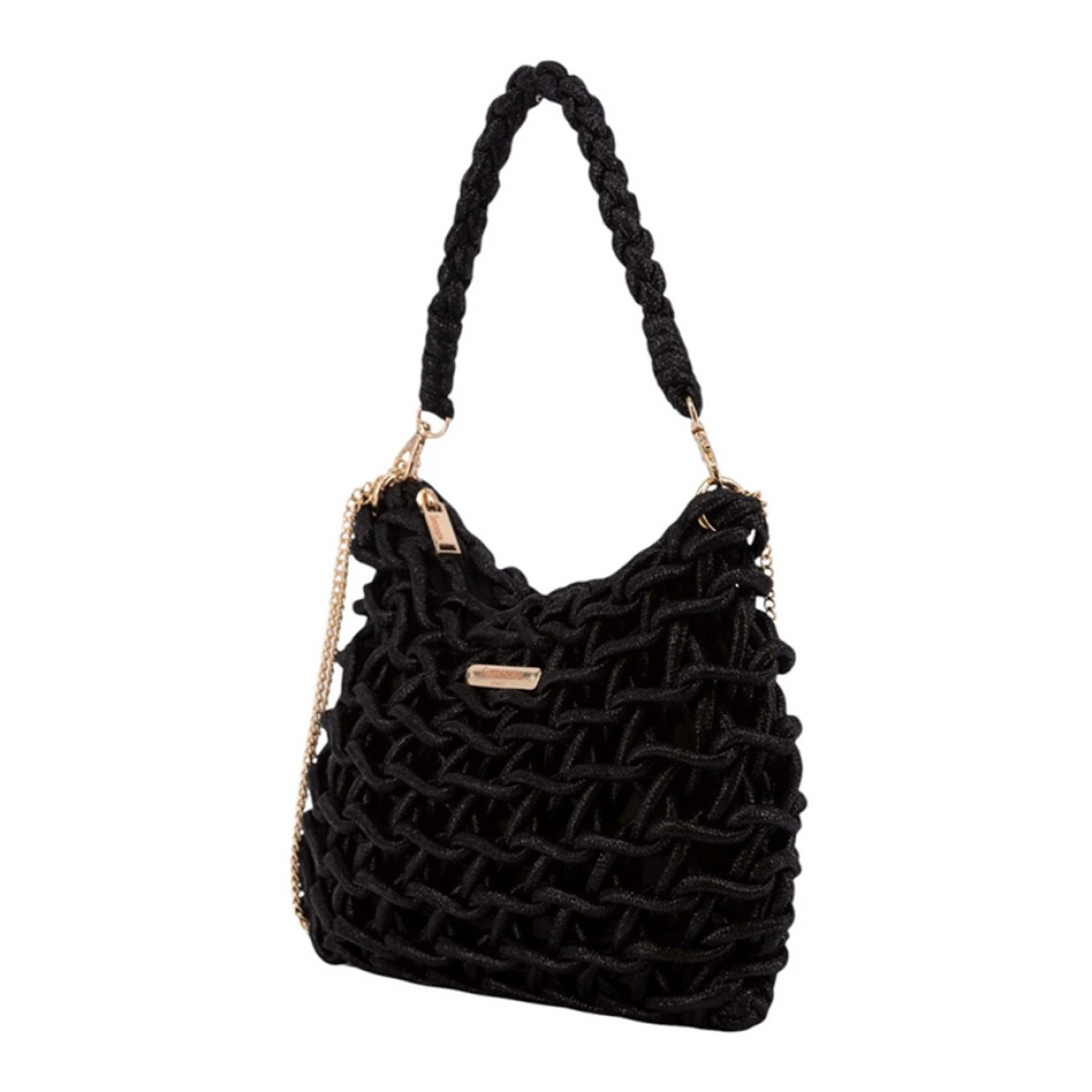 Bolso de la marca Simosastre, modelo ELOISE. Bolso fabricado en tejido de tela con forma de cuerdas color negro, con cierre cremallera y bolsillos interiores, asa estilo hobo en poli piel al tono con mosquetones y asa de cadena. Medidas: alto 19cm y ancho 29cm. Este bolso Simosastre ELOISE es ideal para lucirlo esta temporada!