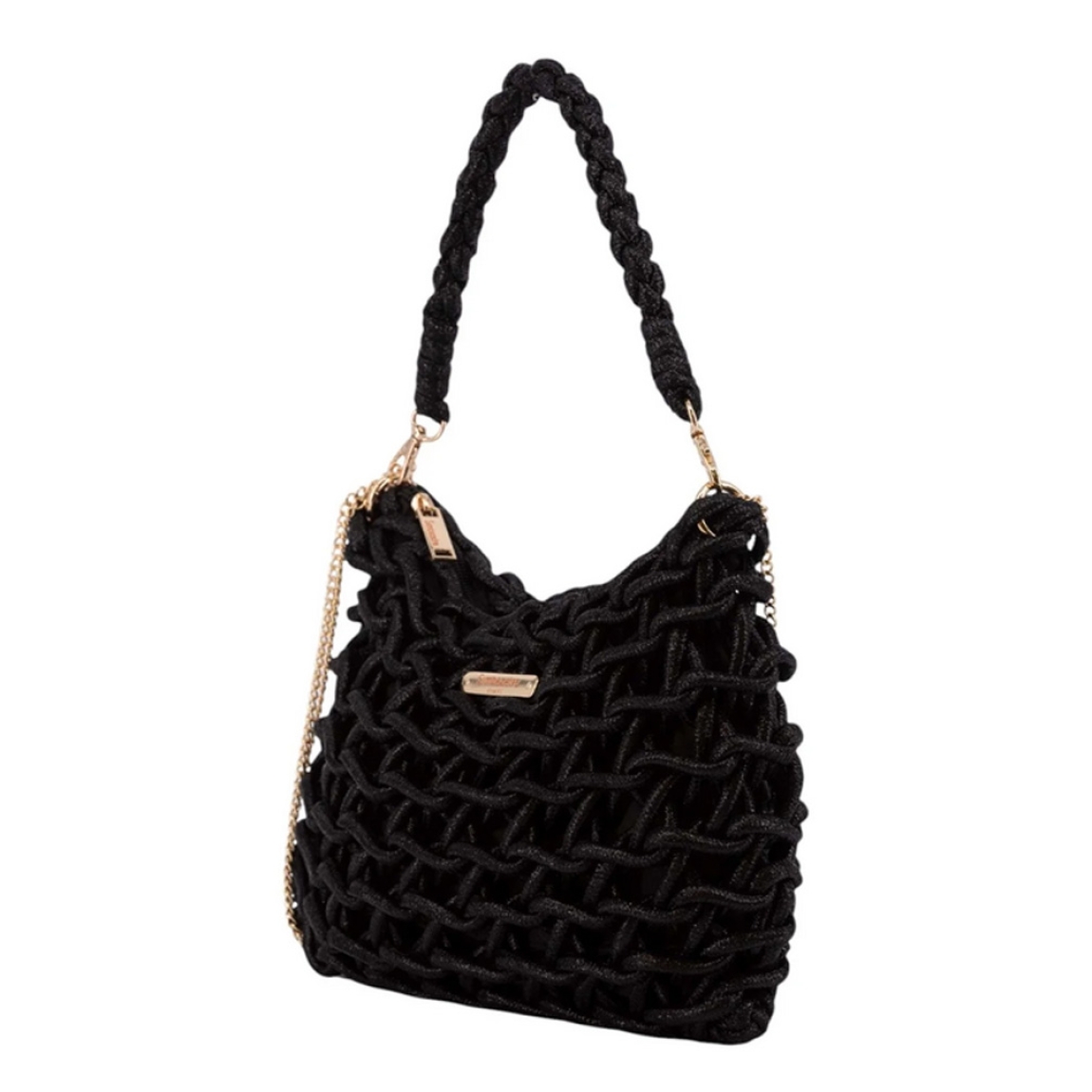 Bolso de la marca Simosastre, modelo ELOISE. Bolso fabricado en tejido de tela con forma de cuerdas color negro, con cierre cremallera y bolsillos interiores, asa estilo hobo en poli piel al tono con mosquetones y asa de cadena. Medidas: alto 19cm y ancho 29cm. Este bolso Simosastre ELOISE es ideal para lucirlo esta temporada!