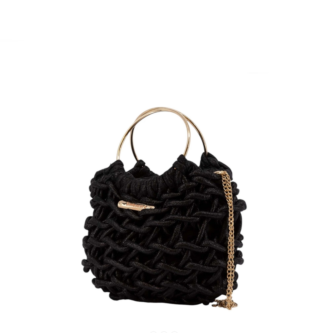 Bolso de la marca Simosastre, modelo ELOISE. Bolso fabricado en tejido de tela con forma de cuerdas color negro con efecto escarchado, con cierre cremallera y bolsillos interiores, asa en aros metálicos y cadena fina. Medidas: alto 14cm y ancho 22cm. Este bolso Simosastre ELOISE es ideal para lucirlo esta temporada!