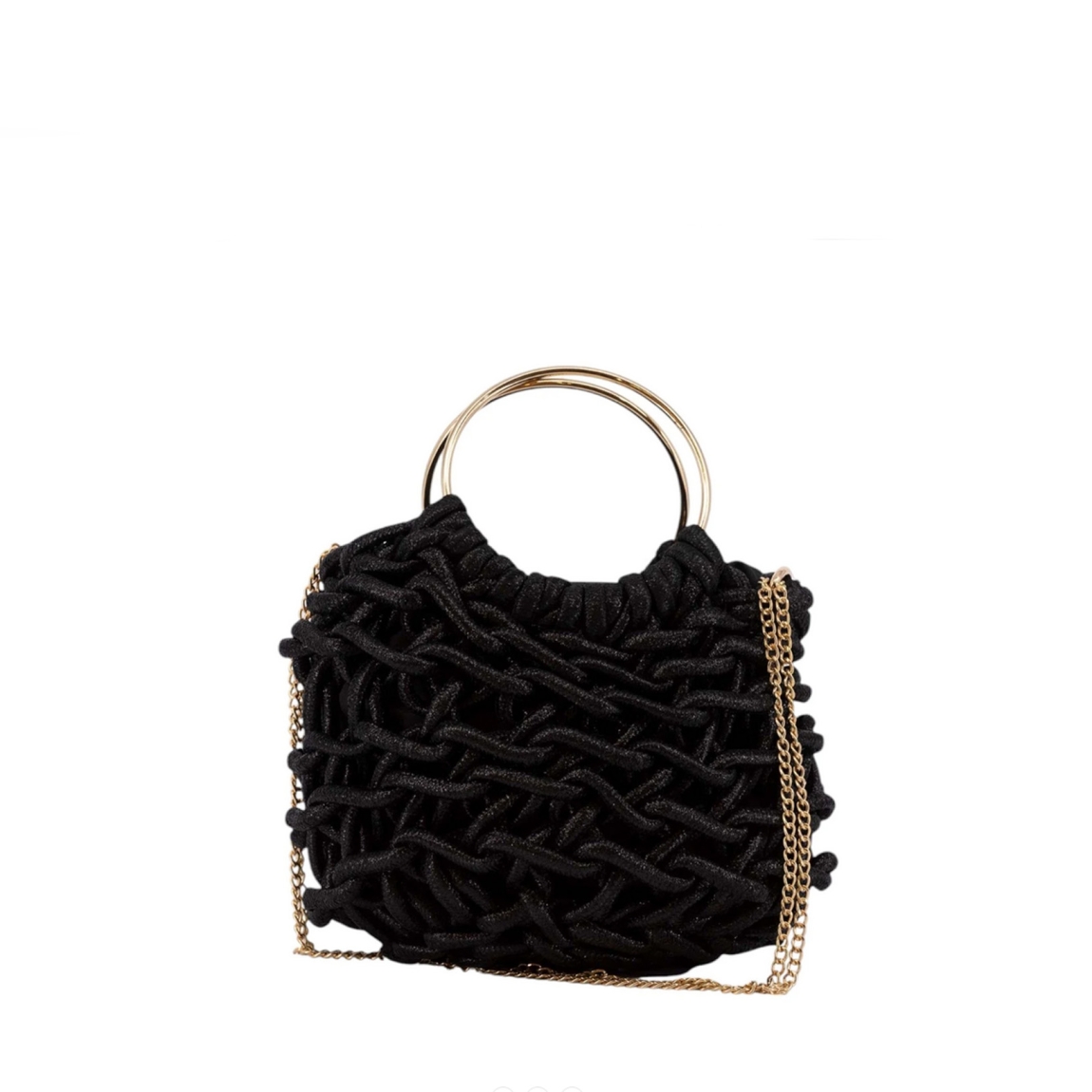 Bolso de la marca Simosastre, modelo ELOISE. Bolso fabricado en tejido de tela con forma de cuerdas color negro con efecto escarchado, con cierre cremallera y bolsillos interiores, asa en aros metálicos y cadena fina. Medidas: alto 14cm y ancho 22cm. Este bolso Simosastre ELOISE es ideal para lucirlo esta temporada!