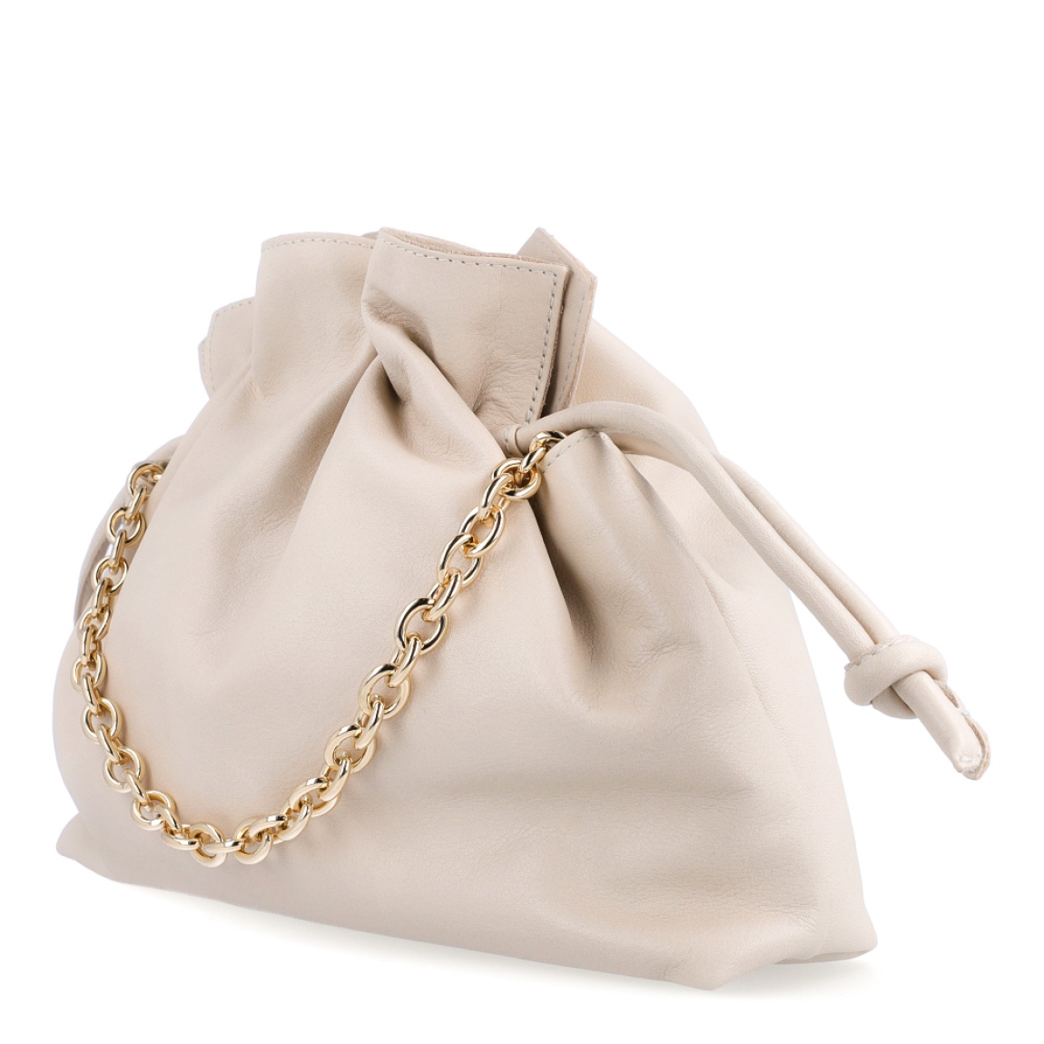Bolso pequeño de la marca UNISA, modelo ZELORA. Bolso tipo saco fabricado en piel color beig. Tiras acolchadas al tono para fruncirlo y cierre con imán. Cadena corta metálica y bandolera de crossbag al tono. El ZELORA de Unisa es perfecto para cualquier situación. Medidas: 23cm x 28cm x 7cm. Bolso ideal para llevarlo a todos lados!