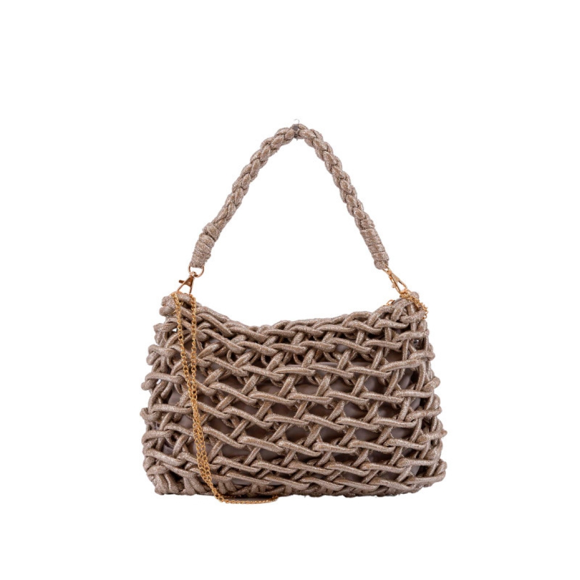 Bolso de la marca Simosastre, modelo ELOISE. Bolso fabricado en tejido de tela con forma de cuerdas color platino, con cierre cremallera y bolsillos interiores, asa estilo hobo en poli piel al tono con mosquetones y asa de cadena. Medidas: alto 19cm y ancho 29cm. Este bolso Simosastre ELOISE es ideal para lucirlo esta temporada!