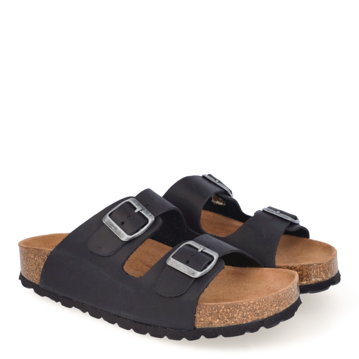 Sandalias de la marca Itse, modelo IRIS. Exterior de las sandalias en piel color negro. Interior de las sandalias en ante color camel. Cierre de las sandalias con doble hebilla, en pala y empeine. Suela plana de corcho. Estas sandalias Itse IRIS tienen el diseño perfecto para tus looks de temporada, te hará resaltar tu estilo y te brindará la mayor comodidad al caminar