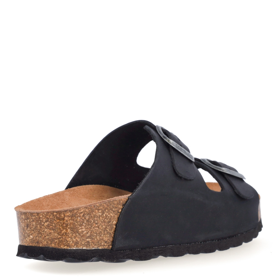 Sandalias de la marca Itse, modelo IRIS. Exterior de las sandalias en piel color negro. Interior de las sandalias en ante color camel. Cierre de las sandalias con doble hebilla, en pala y empeine. Suela plana de corcho. Estas sandalias Itse IRIS tienen el diseño perfecto para tus looks de temporada, te hará resaltar tu estilo y te brindará la mayor comodidad al caminar