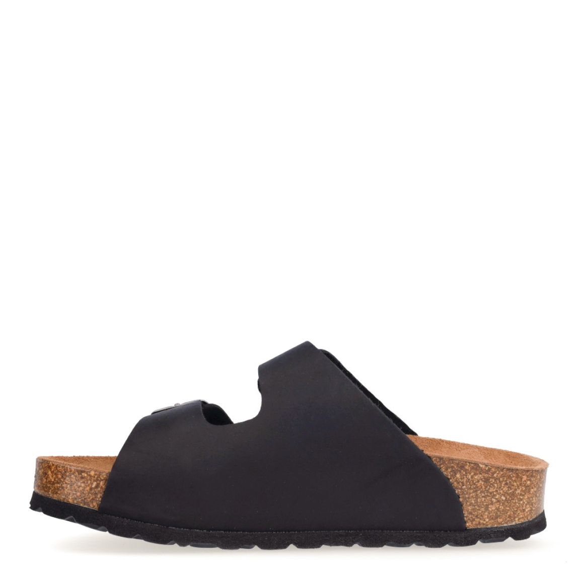 Sandalias de la marca Itse, modelo IRIS. Exterior de las sandalias en piel color negro. Interior de las sandalias en ante color camel. Cierre de las sandalias con doble hebilla, en pala y empeine. Suela plana de corcho. Estas sandalias Itse IRIS tienen el diseño perfecto para tus looks de temporada, te hará resaltar tu estilo y te brindará la mayor comodidad al caminar