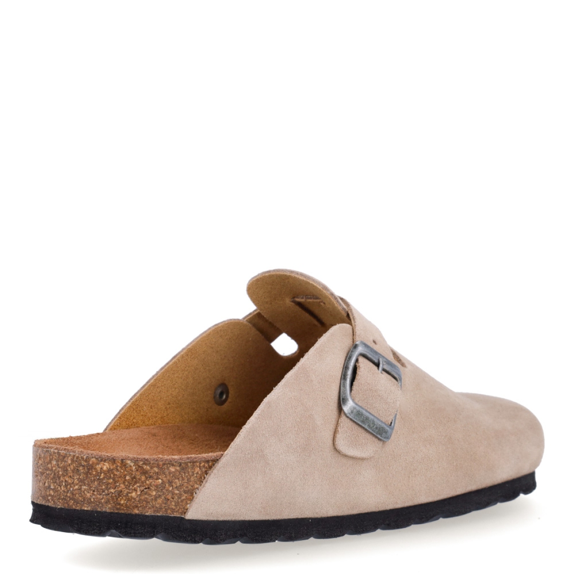 Zuecos de la marca Itse, modelo EMILIA. Exterior en ante color taupe con puntera redonda. Interior corcho. Cierre de zuecos Itse con hebilla en la pala. Estos zuecos Itse EMILIA son el complemento perfecto para disfrutar de comodidad y ligereza al caminar.