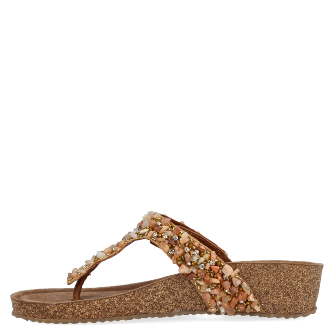 Esclava de pedreria de la marca Itse, modelo Triana. Exterior de la sandalia decorado con pedrería de colores naranja. Interior de la sandalia de piel de color marrón. Sandalia con cuña de 4 cm de altura, incluyendo 2 cm de plataforma. Sandalia con plantilla acolchada para garantizar el máximo confort. La sandalia de Itse, modelo Triana, es la sandalia perfecta para el verano. Es una sandalia cómoda y versátil para cualquier plan de verano.