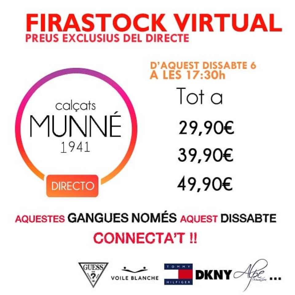 ÚLTIM DIA DE FIRASTOCK!! Estarem a les 17:30 h amb ofertes que només trobaràs avui en el directe de INSTAGRAM. Serà molt fàcil !! Quan surti la sabata que més t'agradi hauràs de dir pel mateix xat LA VULL i quedarà automàticament reservada per tu!!! Així de fàcil. Ens veiem en una estona.👏🤗