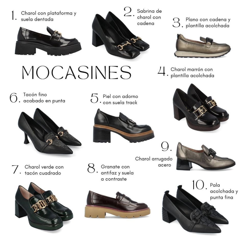 MOCASINES   Con su elegante simplicidad y comodidad innegable, continúan liderando la escena de la moda Como podeis ver, tenemos muchas opciones para cada una de vosotras   1. modelo Jess: 69,95€ 2. modelo Evelia: 79,90€ 3. modelo Loira: 119,90€ 4. modelo Andy: 79,95 € 5. modelo Aisha: 135,00€ 6. modelo Minerva: 149,90€ 7. modelo Tokio: 129,90€ 8. modelo Ginevra: 110,00€ 9. modelo Charlize: 119,90€ 10. modelo Agata: 149,90€ ¿Cuál es tu favorito? Os leemos en los comentarios #Newcollection #FW23 #mocasines #TendenciasZapatos #Tendencias